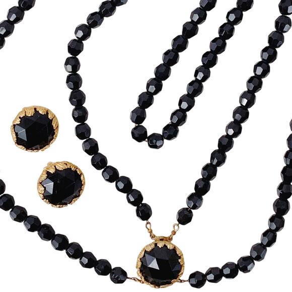 VTG Signed Jonne Black Glass Necklace Earrings Set 50s 60s Faceted Beads Clip-On - Picture 1 of 16